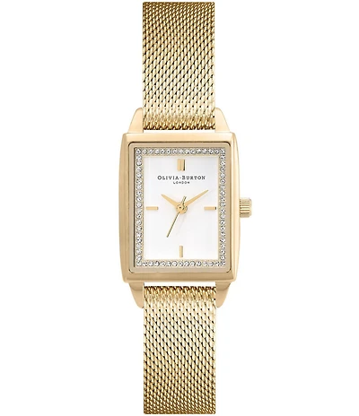 Olivia Burton Rectangle Quartz Analog White Dial Stainless Steel Mesh Bracelet Watch