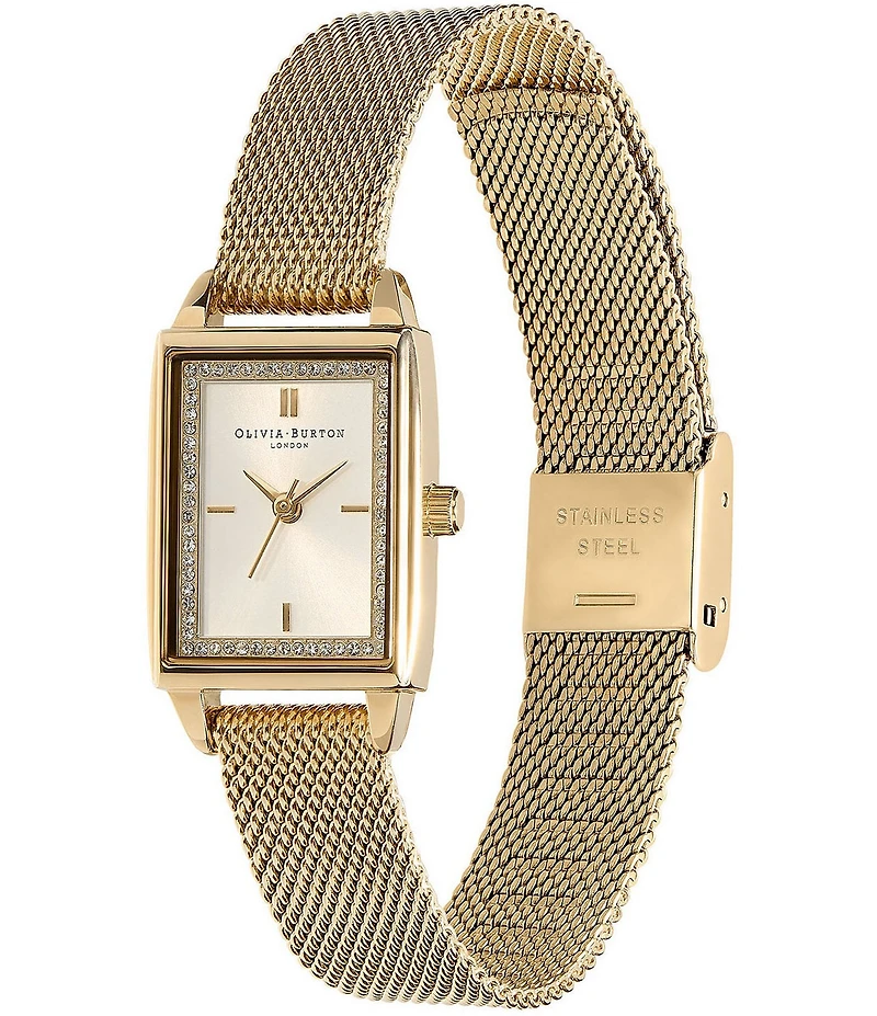 Olivia Burton Rectangle Quartz Analog White Dial Stainless Steel Mesh Bracelet Watch