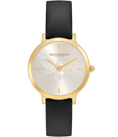 Olivia Burton Women's Bee Ultra Quartz Analog Black Leather Strap Watch
