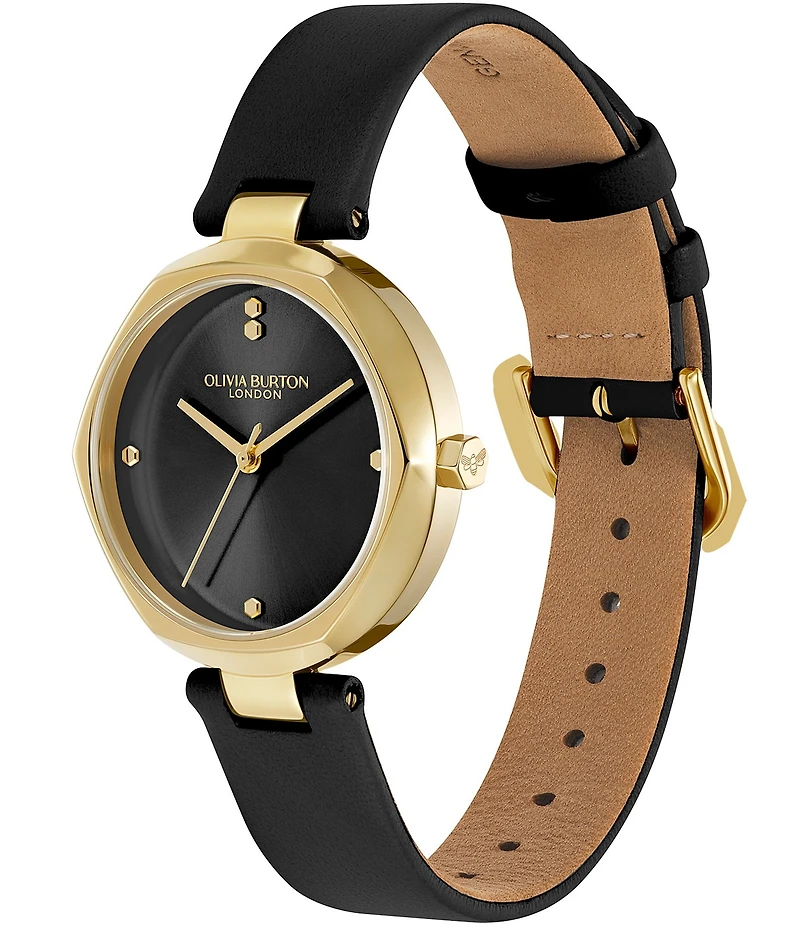 Olivia Burton Women's Dimension T-Bar Quartz Analog Black Leather Strap Watch