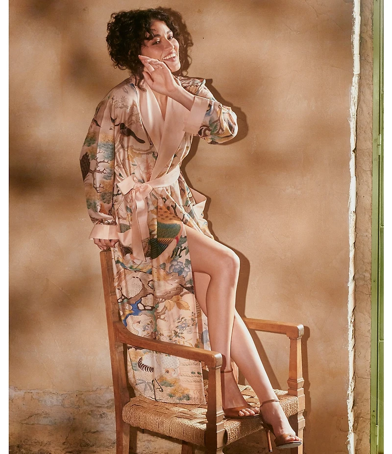 One Hundred Stars Hummingbird Print Long Sleeve Wrap Robe