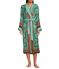 One Hundred Stars Lightweight Woven Fleur De Lys Print Long Sleeve Wrap Robe