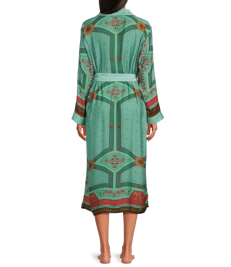 One Hundred Stars Lightweight Woven Fleur De Lys Print Long Sleeve Wrap Robe