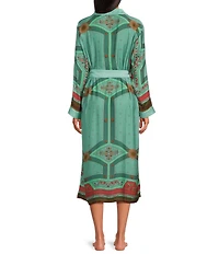 One Hundred Stars Lightweight Woven Fleur De Lys Print Long Sleeve Wrap Robe