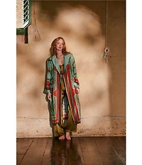 One Hundred Stars Lightweight Woven Fleur De Lys Print Long Sleeve Wrap Robe