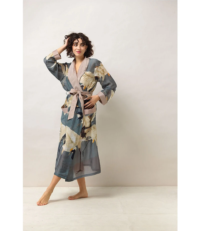 One Hundred Stars Stork Sky Print Woven Shawl Collar Long Sleeve Tie Waist Wrap Robe