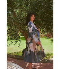 One Hundred Stars Stork Sky Print Woven Shawl Collar Long Sleeve Tie Waist Wrap Robe