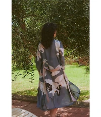 One Hundred Stars Stork Sky Print Woven Shawl Collar Long Sleeve Tie Waist Wrap Robe