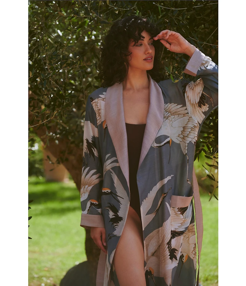 One Hundred Stars Stork Sky Print Woven Shawl Collar Long Sleeve Tie Waist Wrap Robe