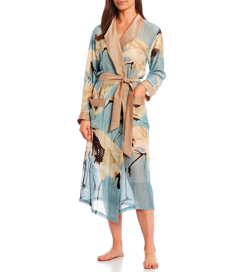One Hundred Stars Stork Sky Print Woven Shawl Collar Long Sleeve Tie Waist Wrap Robe