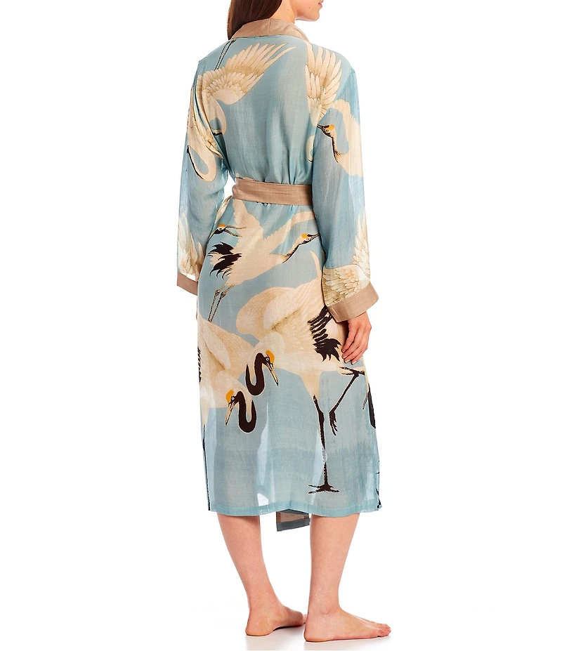 One Hundred Stars Stork Sky Print Woven Shawl Collar Long Sleeve Tie Waist Wrap Robe