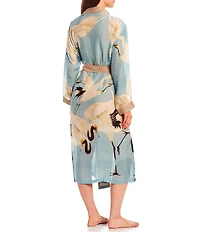 One Hundred Stars Stork Sky Print Woven Shawl Collar Long Sleeve Tie Waist Wrap Robe