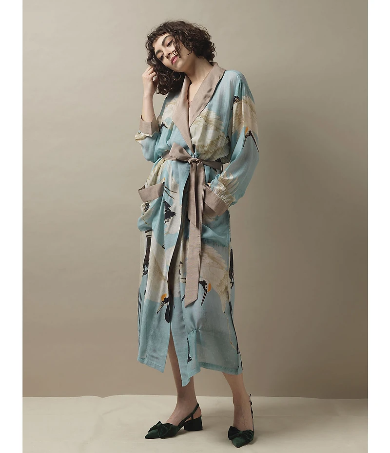 One Hundred Stars Stork Sky Print Woven Shawl Collar Long Sleeve Tie Waist Wrap Robe
