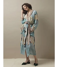 One Hundred Stars Stork Sky Print Woven Shawl Collar Long Sleeve Tie Waist Wrap Robe