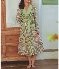 One Hundred Stars Woven Afternoon Tea Print Long Sleeve Wrap Robe