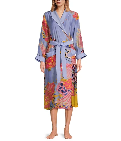 One Hundred Stars Woven Crane Print Long Sleeve Wrap Robe