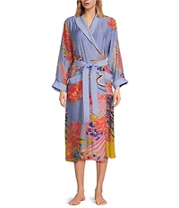 One Hundred Stars Woven Crane Print Long Sleeve Wrap Robe