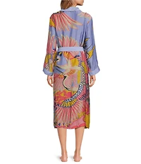 One Hundred Stars Woven Crane Print Long Sleeve Wrap Robe