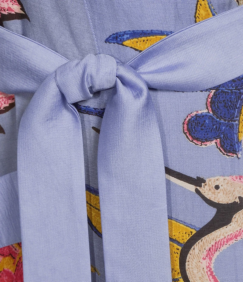 One Hundred Stars Woven Crane Print Long Sleeve Wrap Robe