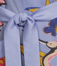One Hundred Stars Woven Crane Print Long Sleeve Wrap Robe