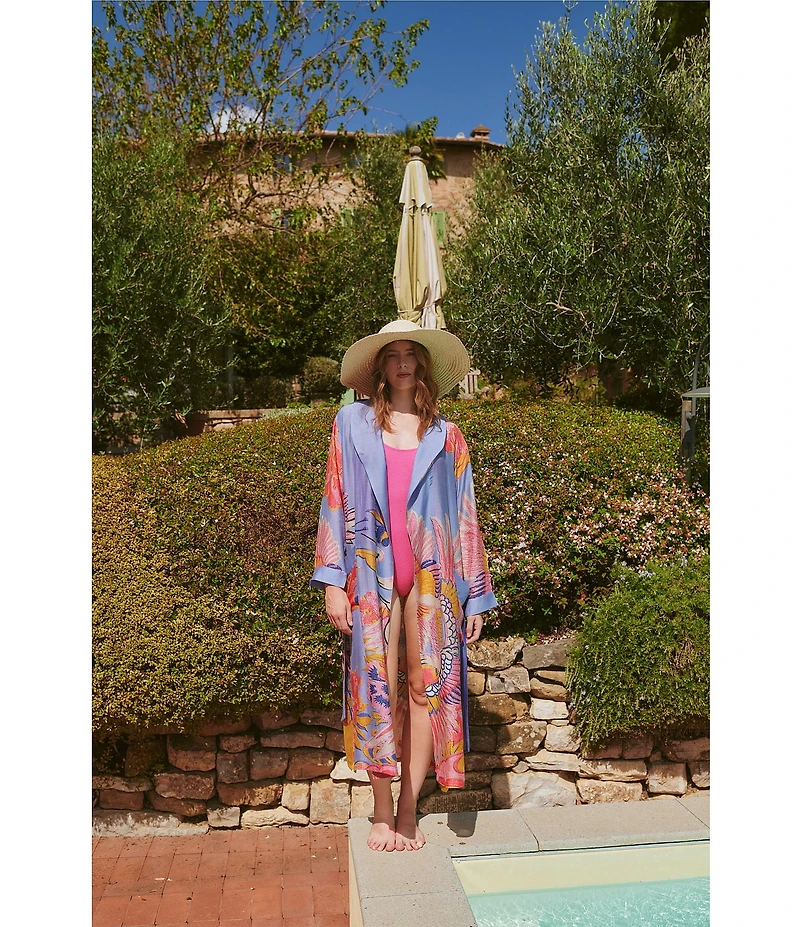 One Hundred Stars Woven Crane Print Long Sleeve Wrap Robe
