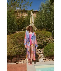 One Hundred Stars Woven Crane Print Long Sleeve Wrap Robe