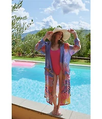 One Hundred Stars Woven Crane Print Long Sleeve Wrap Robe