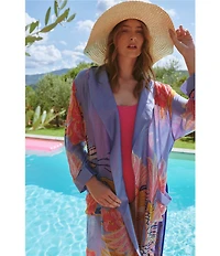 One Hundred Stars Woven Crane Print Long Sleeve Wrap Robe