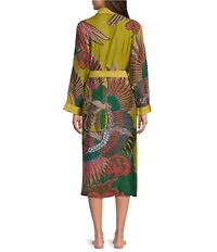 One Hundred Stars Woven Crane Print Long Sleeve Wrap Robe