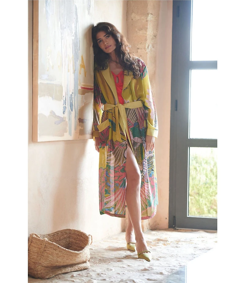 One Hundred Stars Woven Crane Print Long Sleeve Wrap Robe
