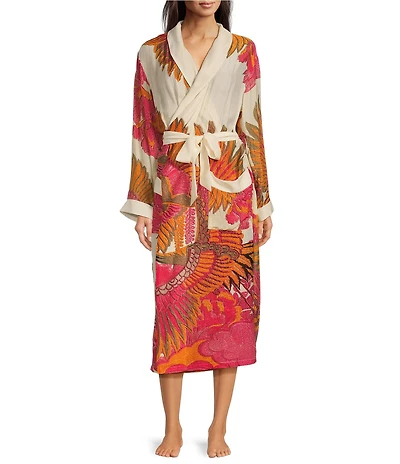 One Hundred Stars Woven Crane Print Long Sleeve Wrap Robe