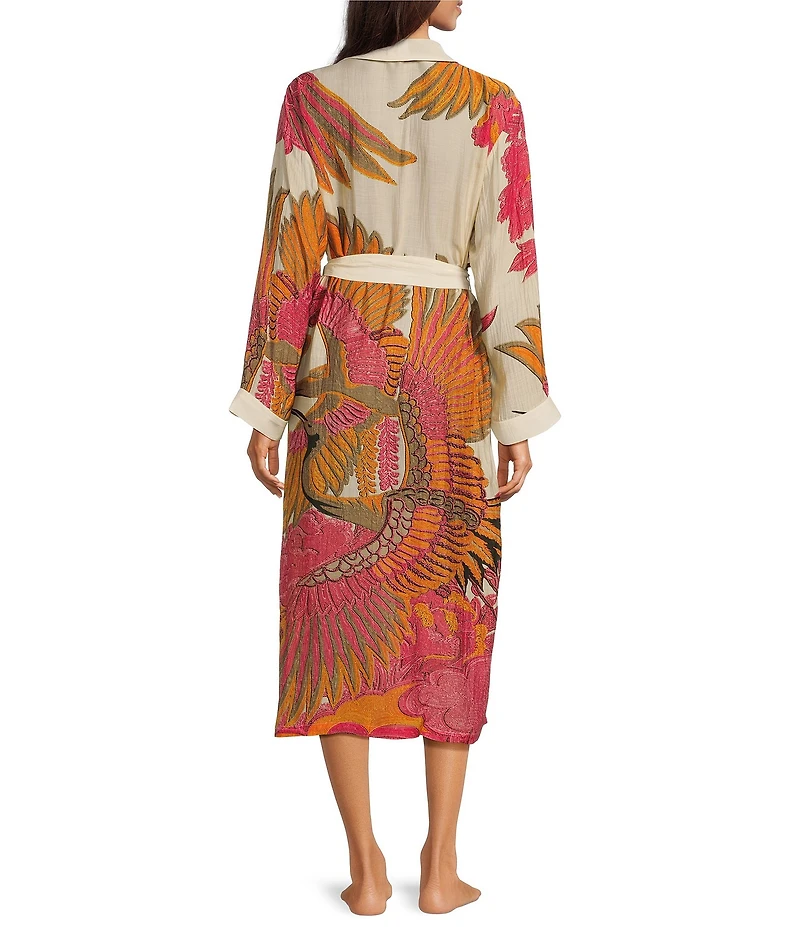 One Hundred Stars Woven Crane Print Long Sleeve Wrap Robe