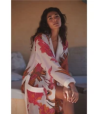 One Hundred Stars Woven Crane Print Long Sleeve Wrap Robe