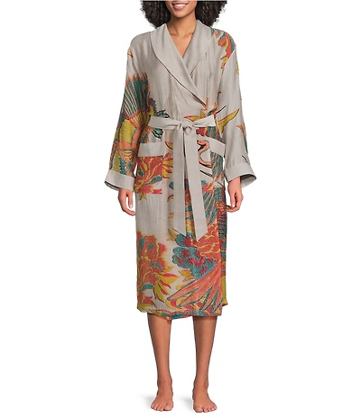 One Hundred Stars Woven Crane Print Long Sleeve Wrap Robe