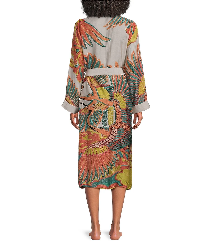 One Hundred Stars Woven Crane Print Long Sleeve Wrap Robe