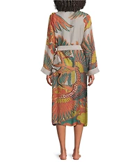 One Hundred Stars Woven Crane Print Long Sleeve Wrap Robe
