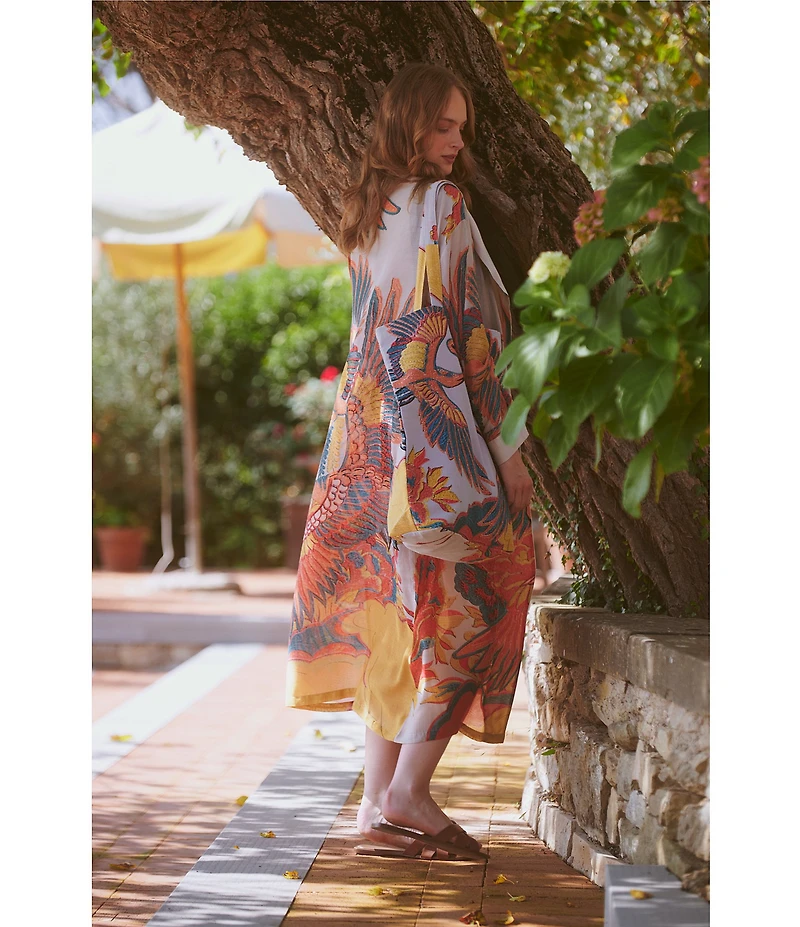 One Hundred Stars Woven Crane Print Long Sleeve Wrap Robe
