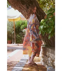 One Hundred Stars Woven Crane Print Long Sleeve Wrap Robe