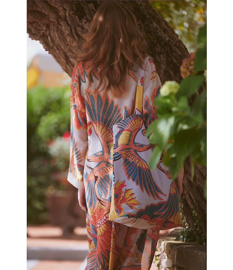 One Hundred Stars Woven Crane Print Long Sleeve Wrap Robe