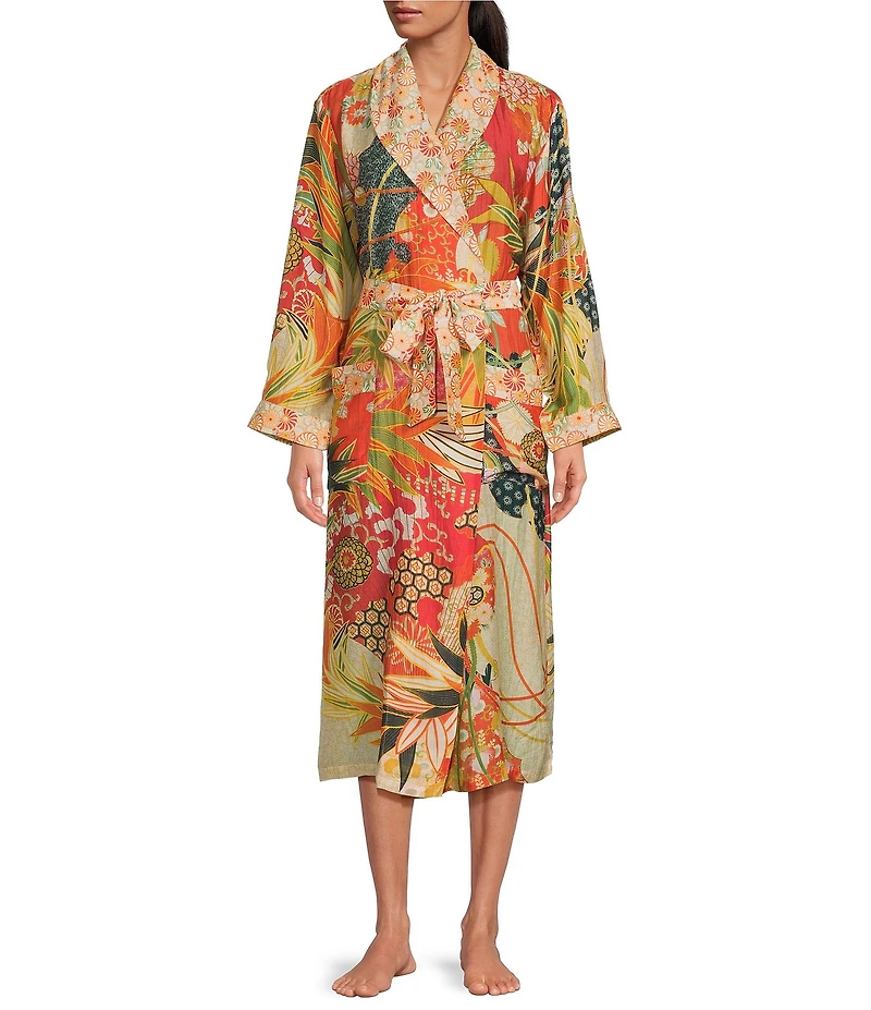 One Hundred Stars Woven Fan Print Long Sleeve Wrap Robe