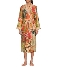 One Hundred Stars Woven Fan Print Long Sleeve Wrap Robe