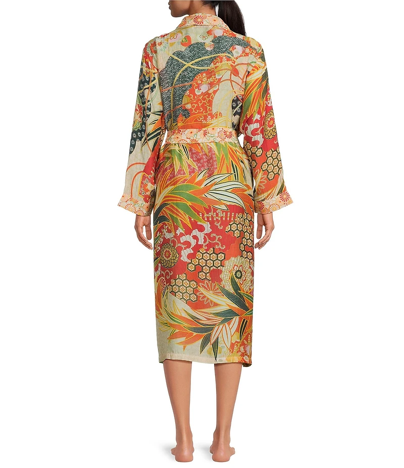 One Hundred Stars Woven Fan Print Long Sleeve Wrap Robe