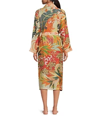 One Hundred Stars Woven Fan Print Long Sleeve Wrap Robe