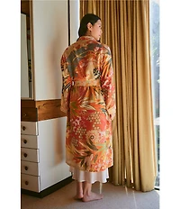 One Hundred Stars Woven Fan Print Long Sleeve Wrap Robe
