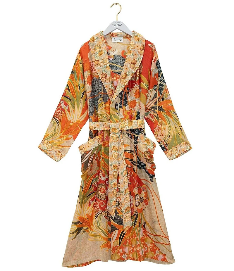 One Hundred Stars Woven Fan Print Long Sleeve Wrap Robe