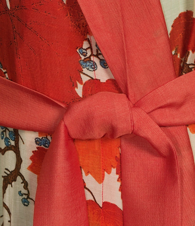 One Hundred Stars Woven Orange Bird Print Long Sleeve Wrap Robe