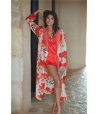 One Hundred Stars Woven Orange Bird Print Long Sleeve Wrap Robe
