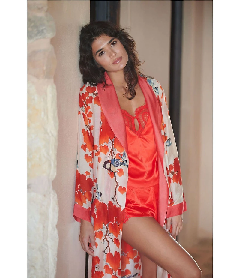One Hundred Stars Woven Orange Bird Print Long Sleeve Wrap Robe