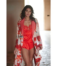 One Hundred Stars Woven Orange Bird Print Long Sleeve Wrap Robe