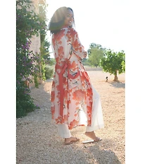 One Hundred Stars Woven Orange Bird Print Long Sleeve Wrap Robe